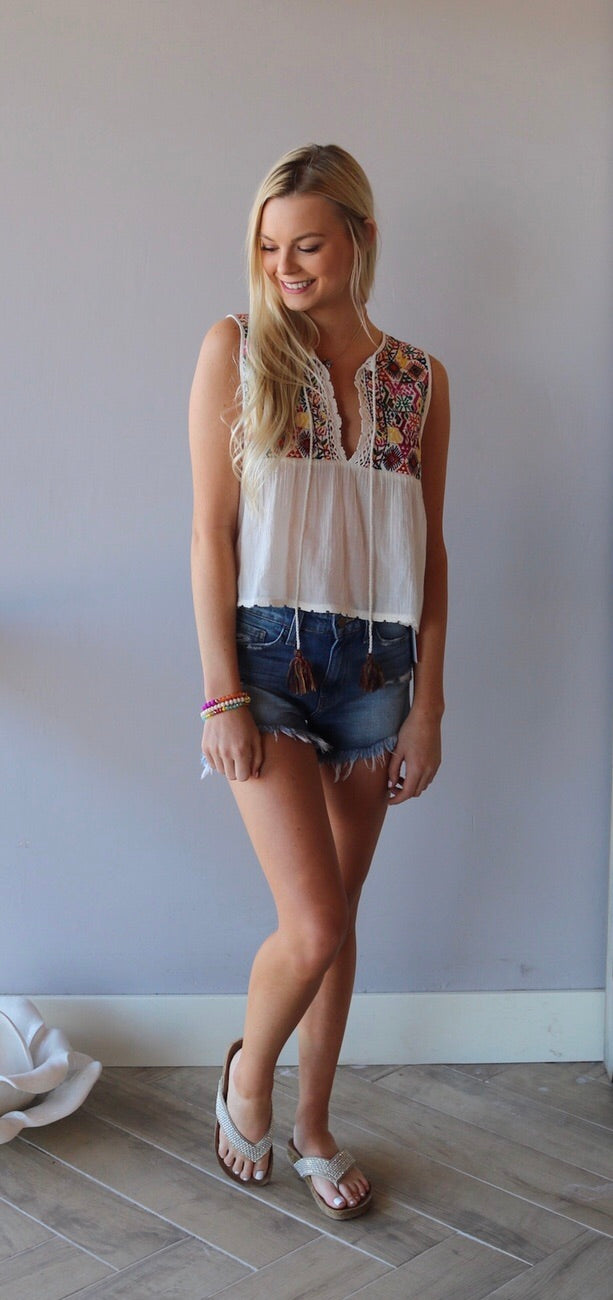 FREE PEOPLE Print LOHRI Embroidered Tie Tank Top