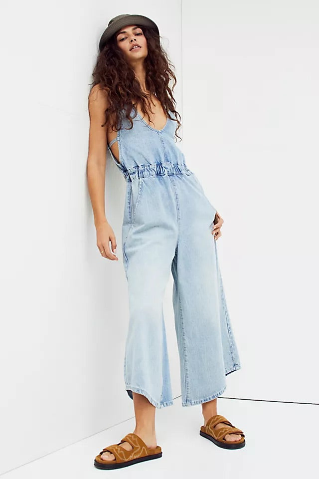 FREE PEOPLE Denim ALORA Open Tieback Jumpsuit