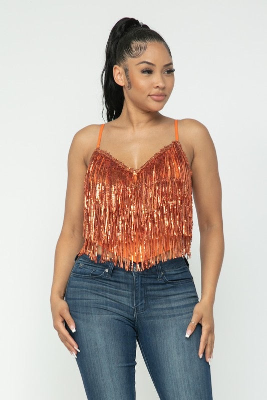 STOP & STARE Sequin Fringe Cami Top – Silver Accents