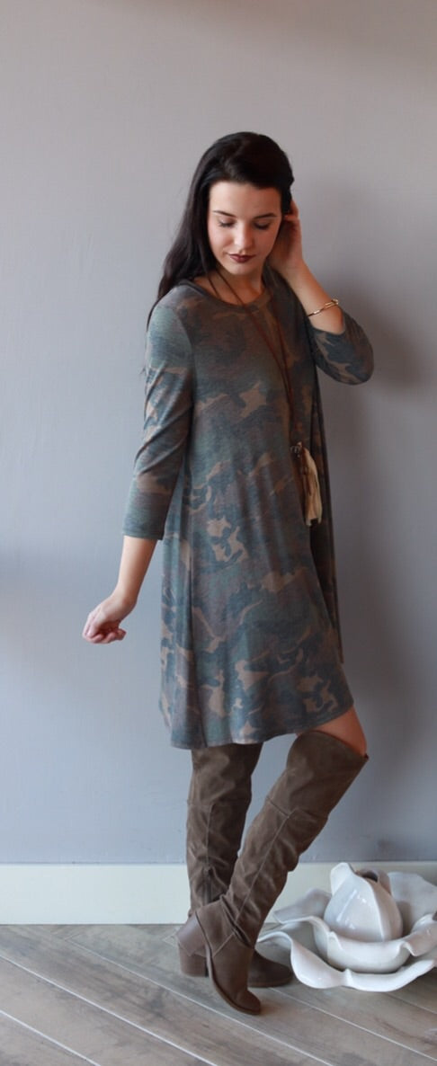 WEAVER Camo Print LaceUp Jersey A-Line Dress