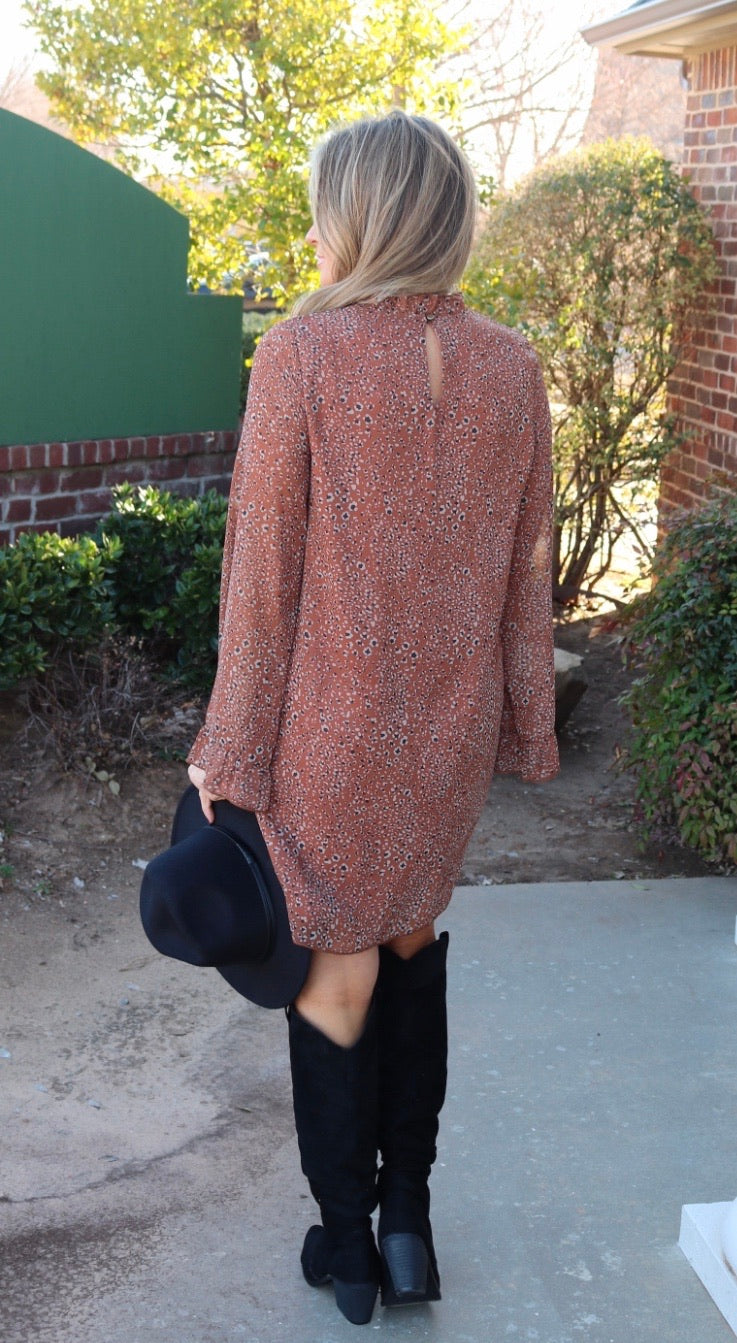 TOURIST Cheetah Ruffle MockNeck Chiffon Dress