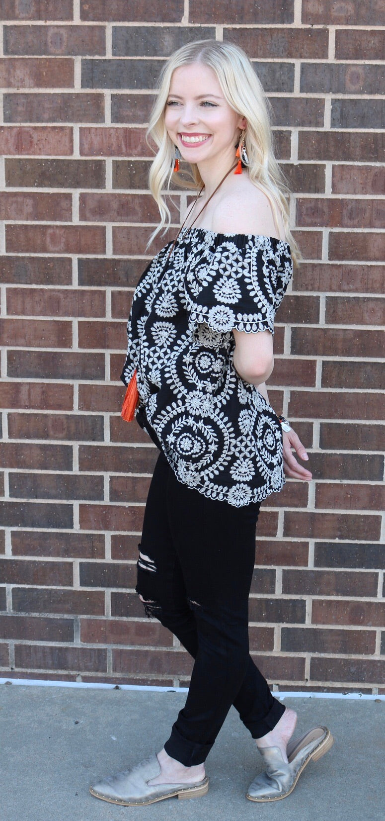 ARETHA Embroidered Ruffle Off Shoulder Top