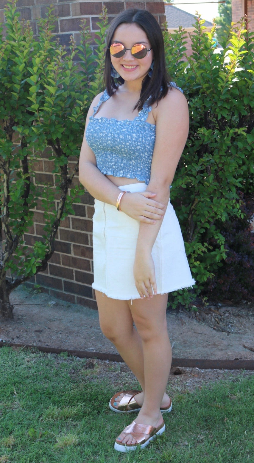 PURSUE Liberty Floral Smocked RuffleStrap Linen Top