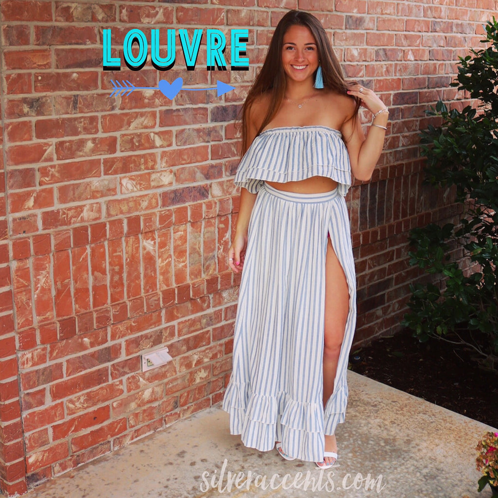 LOUVRE 2pc Stripe Layered Strapless Top/ HiSlit RuffleHem Maxi Skirt Set