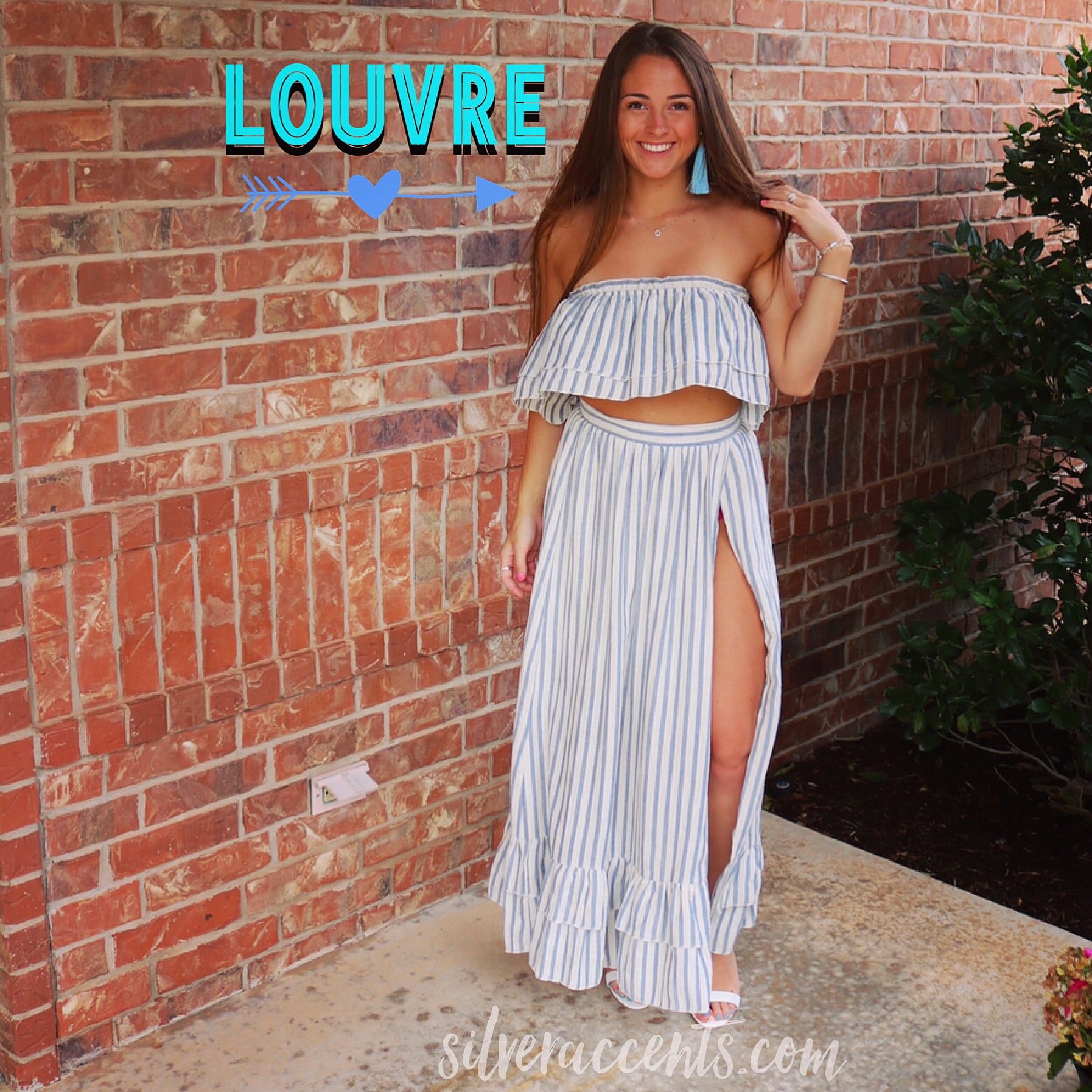 LOUVRE 2pc Stripe Layered Strapless Top/ HiSlit RuffleHem Maxi Skirt Set