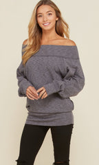 TAKE IT EASY Off Shoulder Slub Knit Sweater Tunic Top