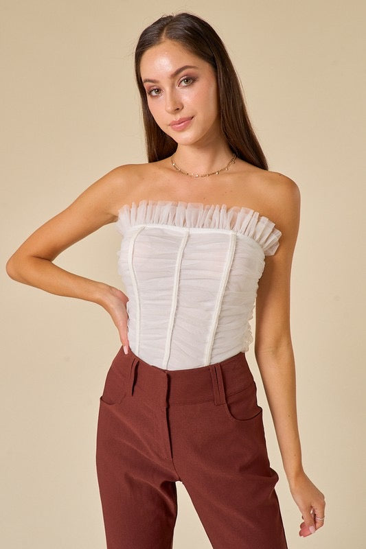 CHARADE Strapless Rouched Tulle Bodysuit