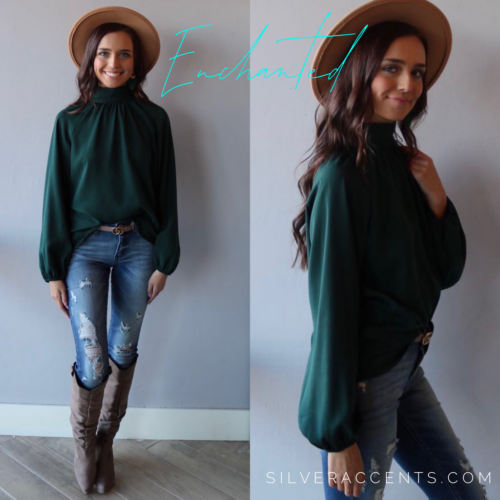 ENCHANTED HiNeck Tie KeyHole Back LongSleeve Top