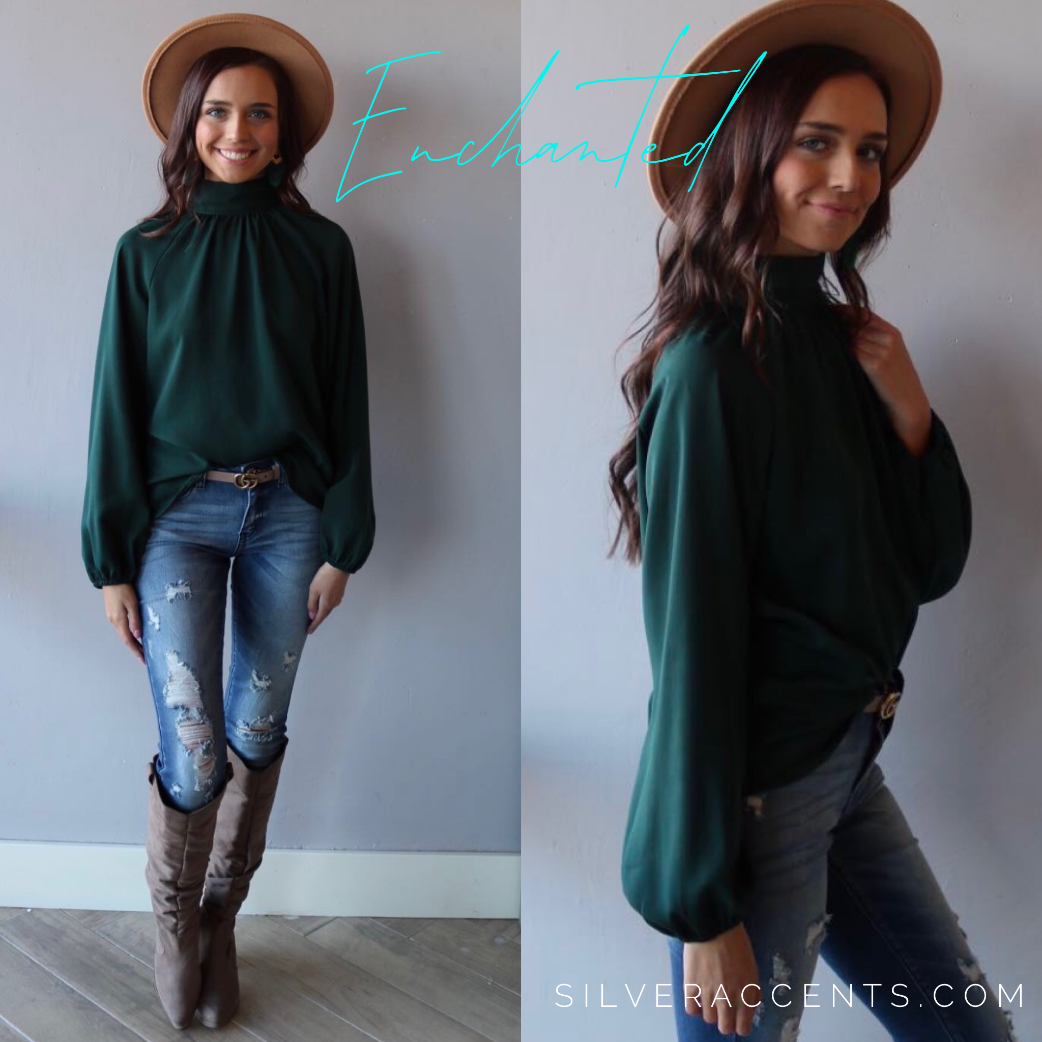 ENCHANTED HiNeck Tie KeyHole Back LongSleeve Top