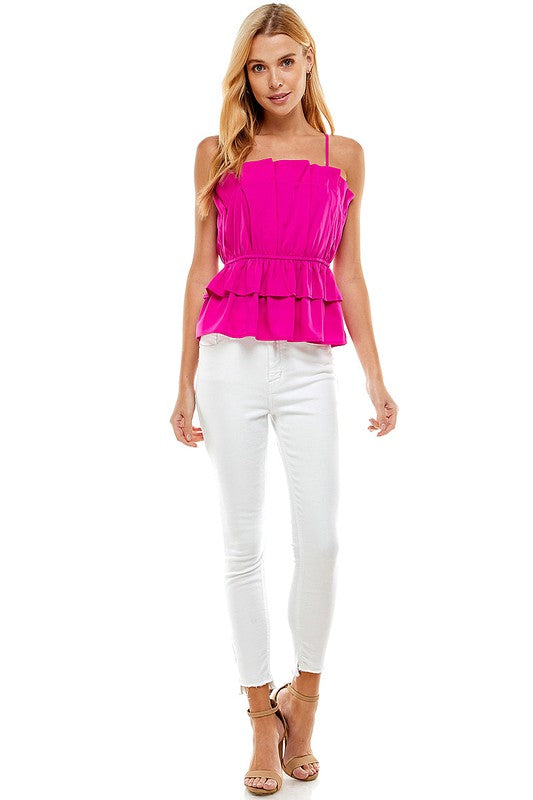 BLOOM Pleated Ruffle Bust SpaghettiStrap Poplin Top
