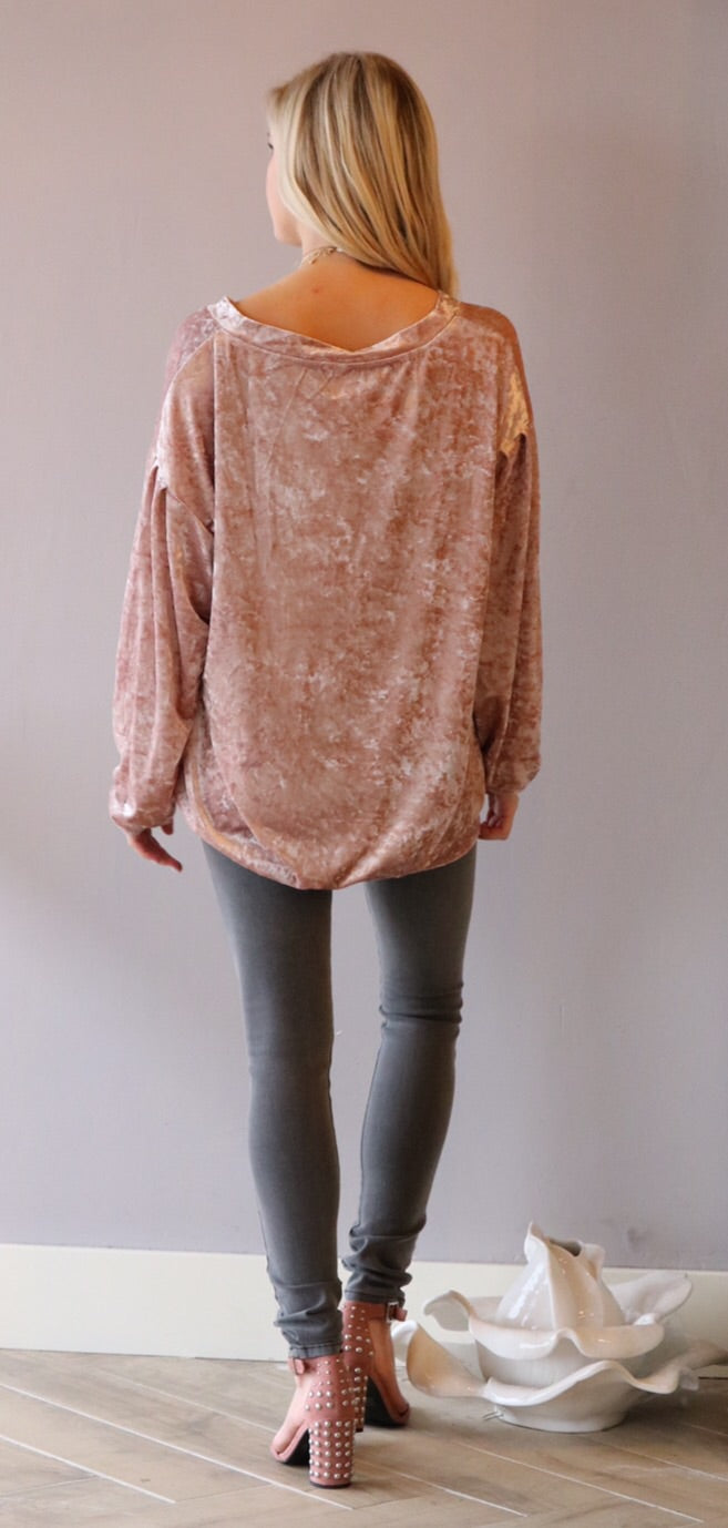 OVERVIEW Crush Velvet V-Neck DropShoulder LongSleeve Pullover Top