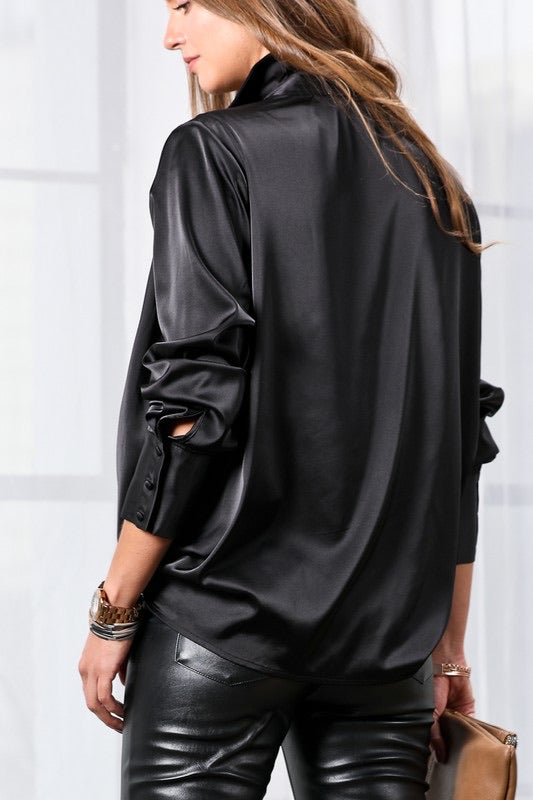 BRAZEN Collared Cowl~Neck Satin Top