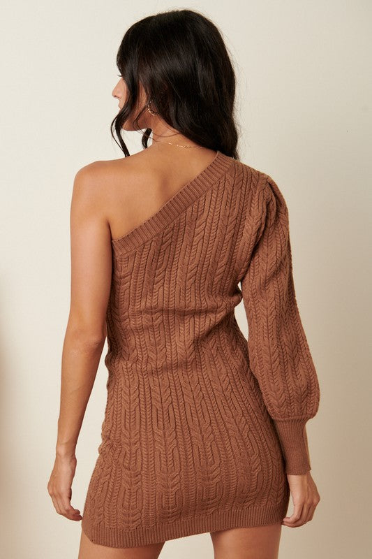 *PREDATOR OneShoulder Bisop! Sleeve CableKnit Sweater Dress