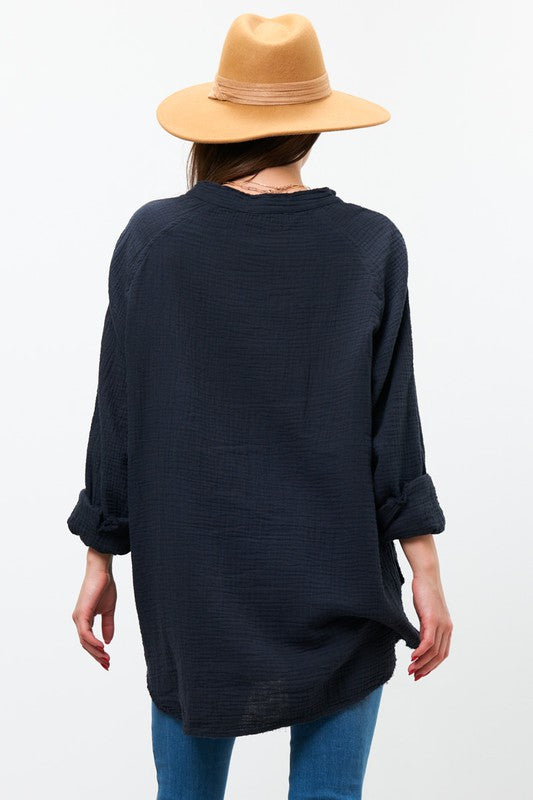 Newbury Kustom INTUITION Gauze ButtonDown FrayHem MandarinCollar Tunic Top