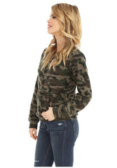 BOBI SAVAGE Text Camo Print Kanga Pocket Pullover Tunic Top