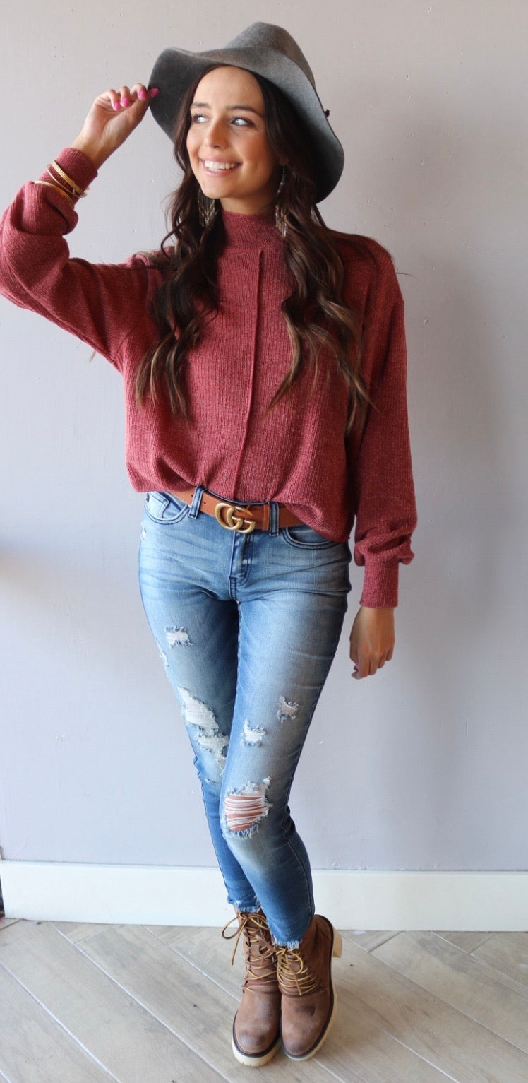 JEOPARDY MockNeck Expose Seam Knit Sweater