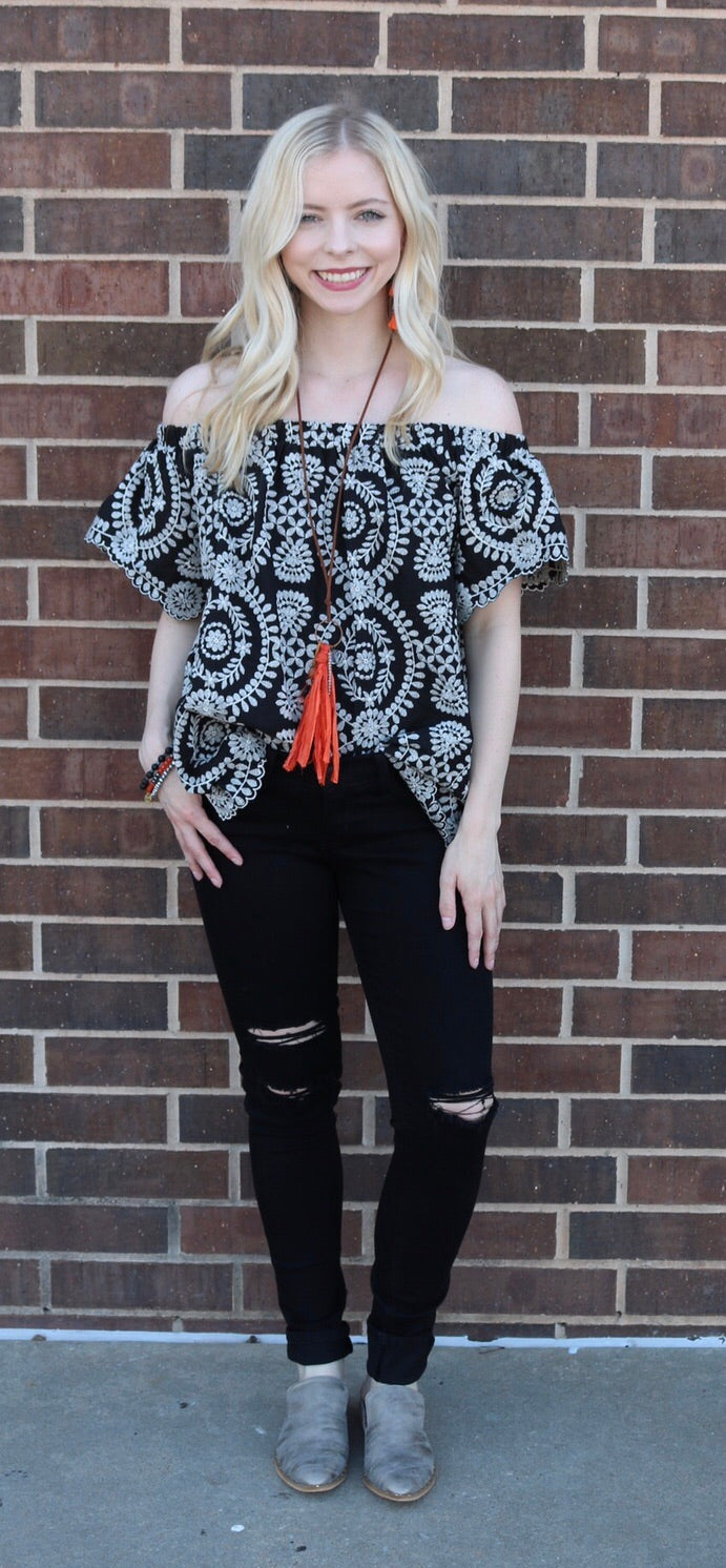 ARETHA Embroidered Ruffle Off Shoulder Top