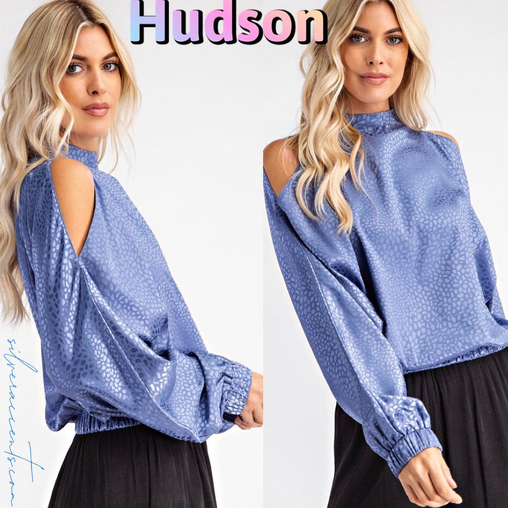 HUDSON HiNeck ColdShoulder SatinPrint Top
