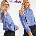HUDSON HiNeck ColdShoulder SatinPrint Top