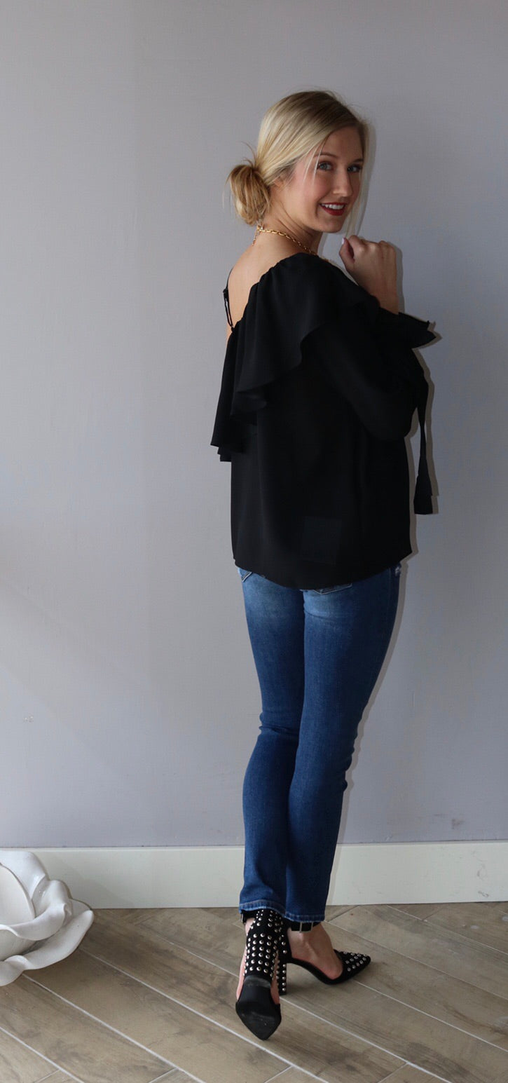 SEIGEL Ruffled OneShoulder TieSleeve MatteSatin Top