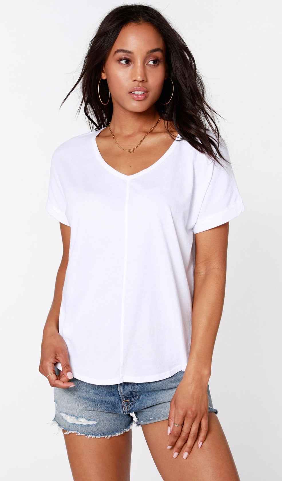 BOBI Lightweight Jersey MAYFAIR V-Neck RollSleeve RoundHem Top