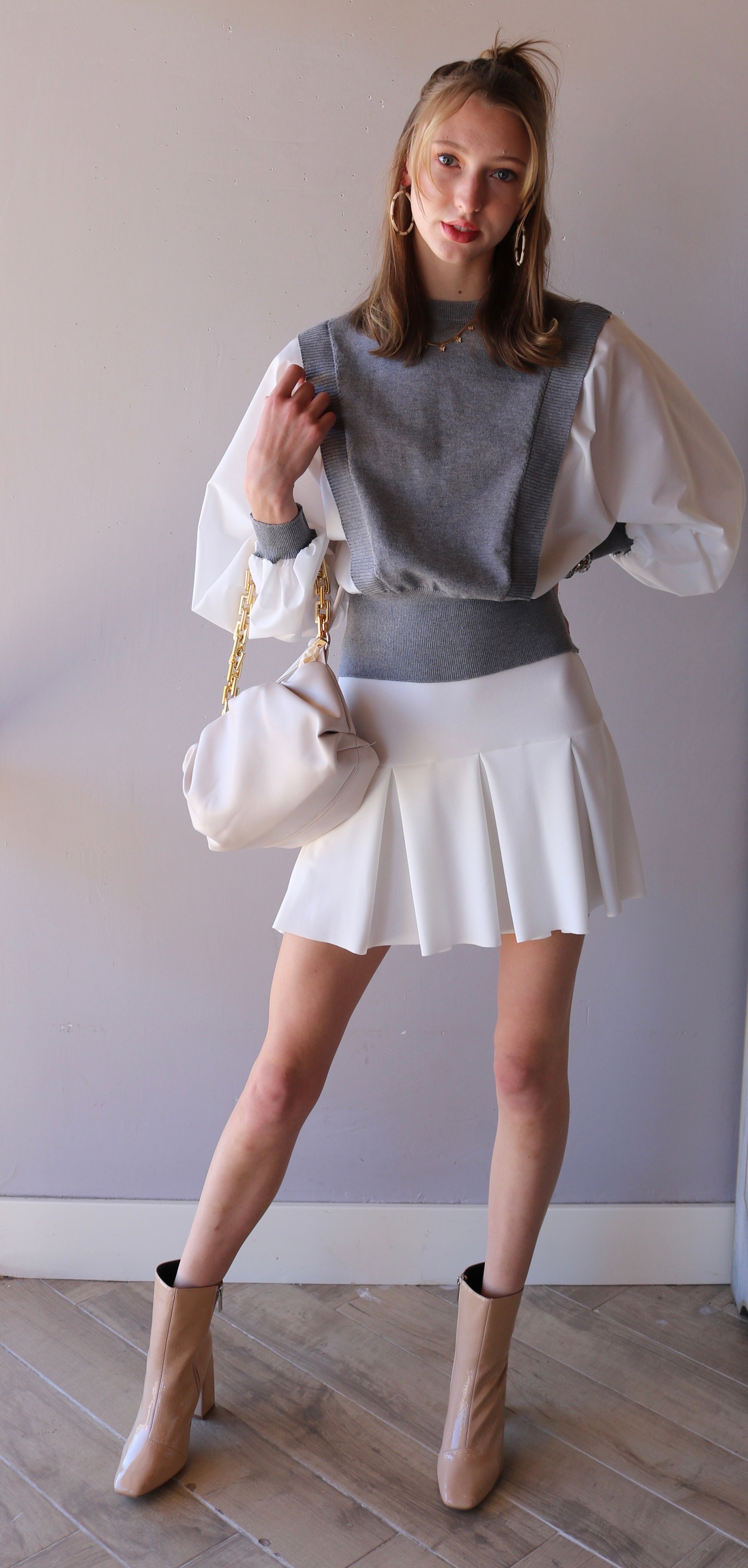 TULLY BalloonSleeve MixMedia Poplin/Sweater Top