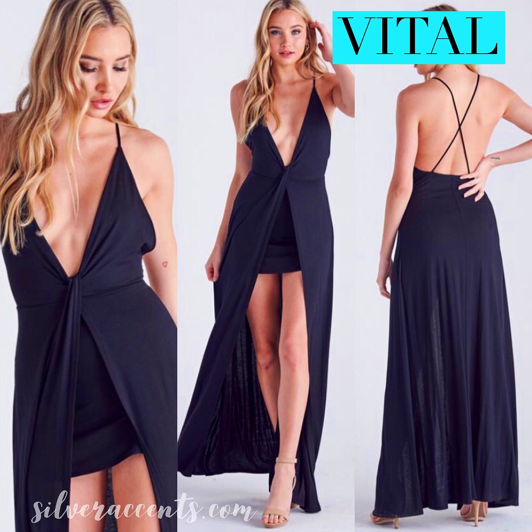 Blue Blush VITAL Blue Blush VITAL TwistFront DeepV-Neck Layered JerseyKnit Maxi Dress