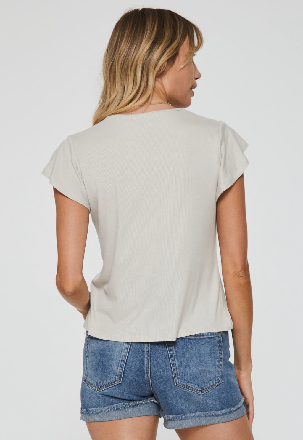 ANOTHER LOVE Flutter Sleeve MELEE V-Neck Smocked Shoulder Top