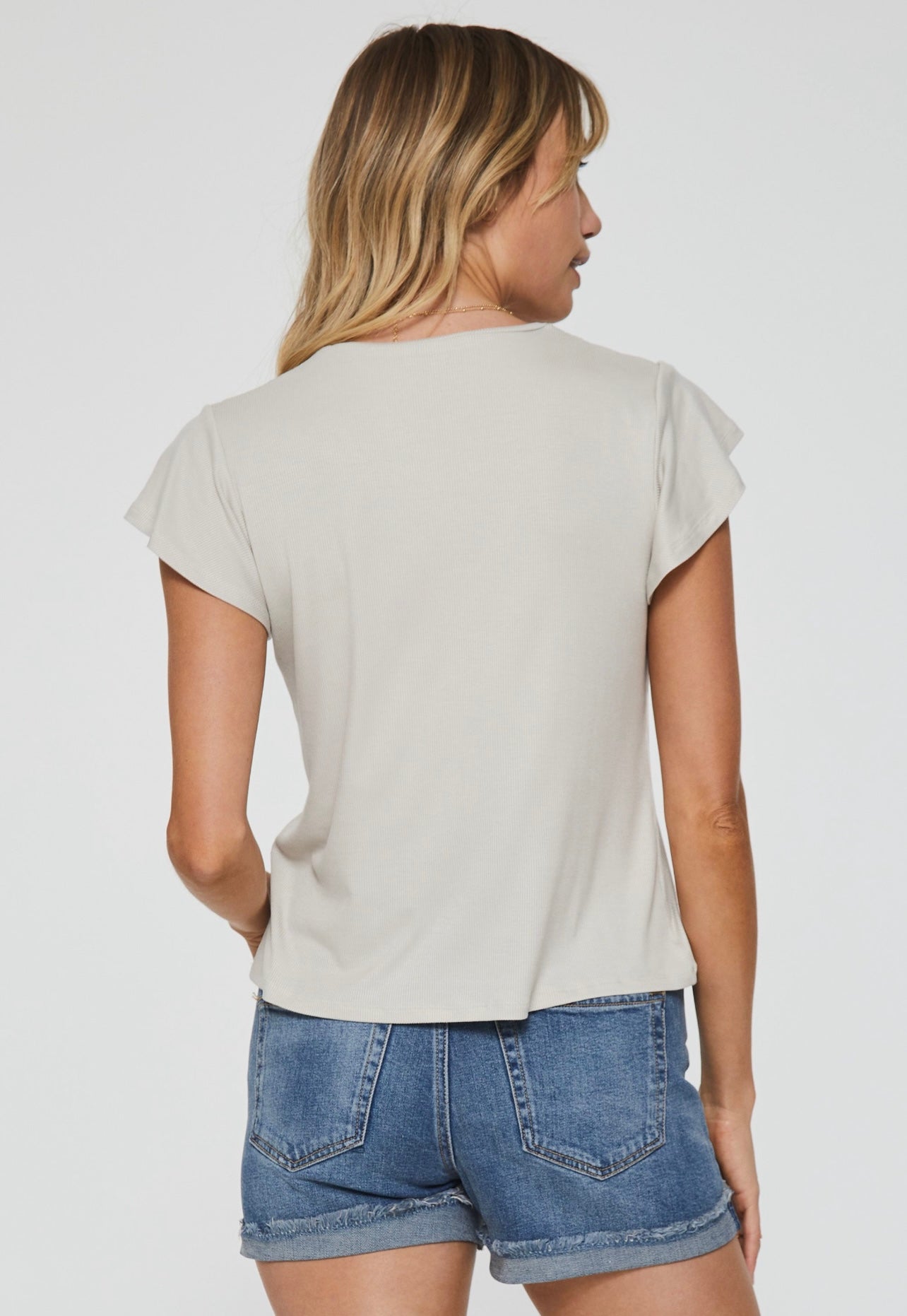 ANOTHER LOVE Flutter Sleeve MELEE V-Neck Smocked Shoulder Top