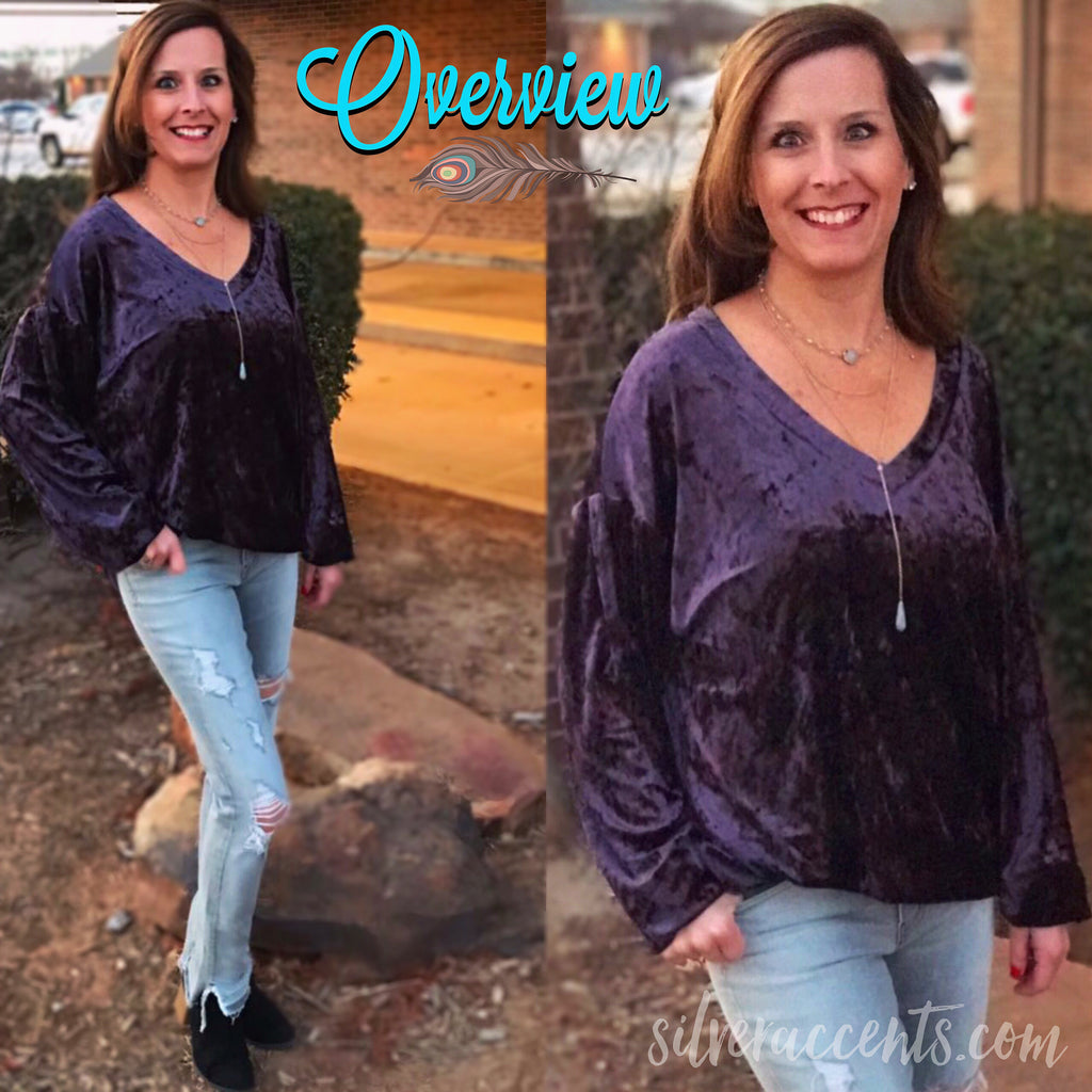 OVERVIEW Crush Velvet V-Neck DropShoulder LongSleeve Pullover Top