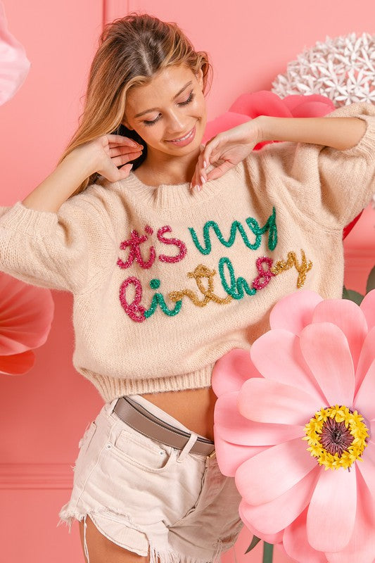 BIBI MY BIRTHDAY Tinsel Short Puff~Sleeve Sweater – Silver Accents
