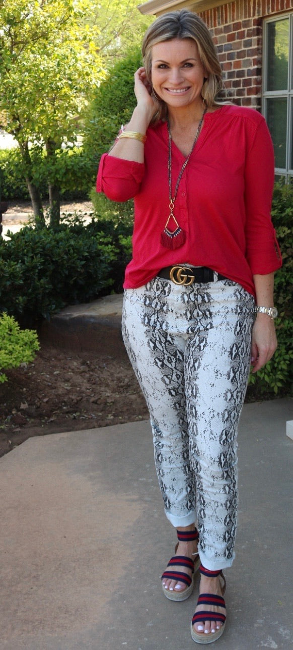 BOBI Crimson CLARITY Shirred Button HenleyNeck Jersey Top