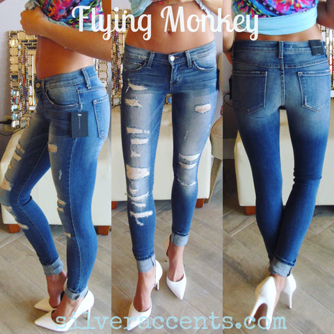 FLYING MONKEY Fused Distressed REBEL BLUE Ankle Skinny Jeans