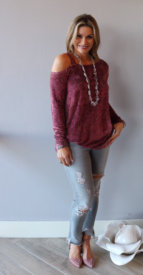 MERRIMENT Garment Dye Velvet OneShoulder Top