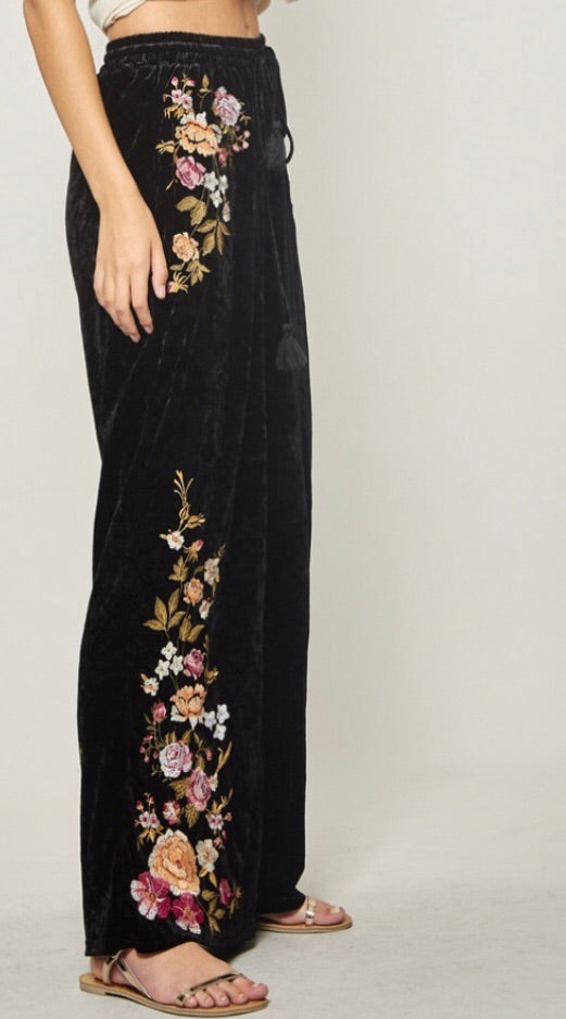 LOVE STORY Velvet Embroidered Floral Palazzo Pant