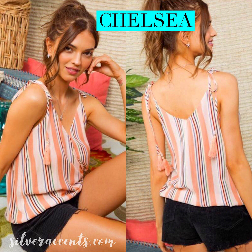 CHELSEA Stripe CrossOver Tassel TieShoulder SmockBottom Cami Top