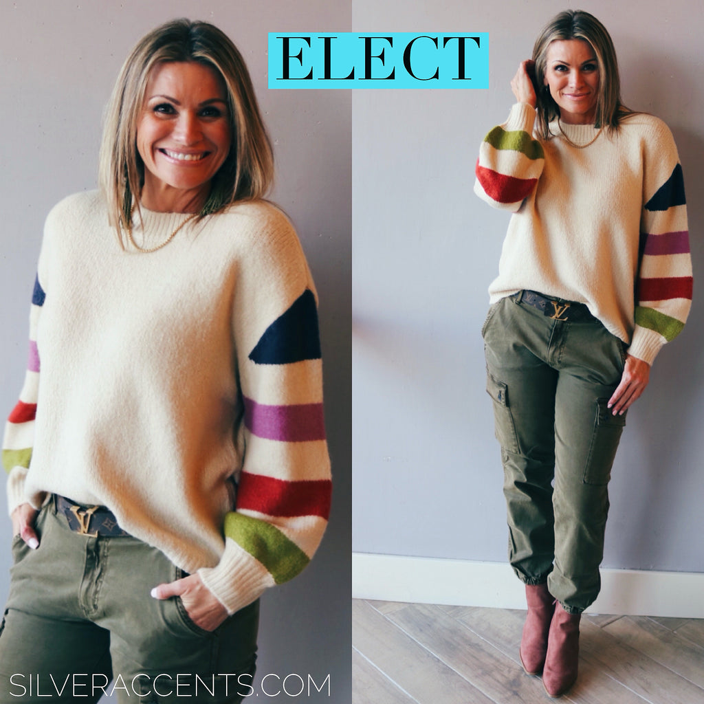 Lush ELECT Stripe Balloon Sleeve  Crew Neck Sweater