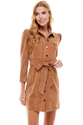 CLARITY Corduroy PuffSleeve TieWaist Dress