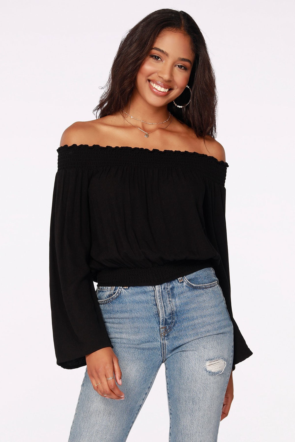 BOBI Beach Crepe PRISTINE Smock OffShoulder Top