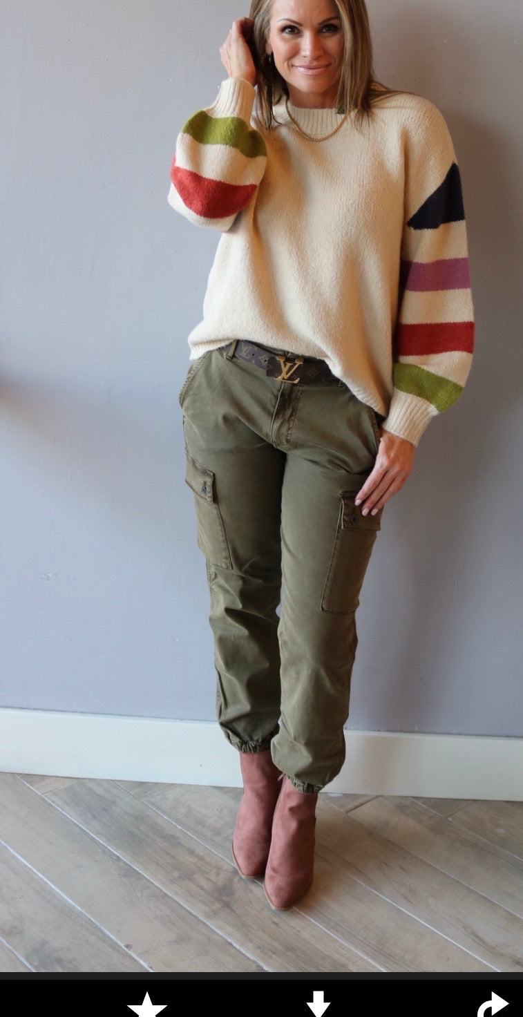 Lush ELECT Stripe Balloon Sleeve  Crew Neck Sweater