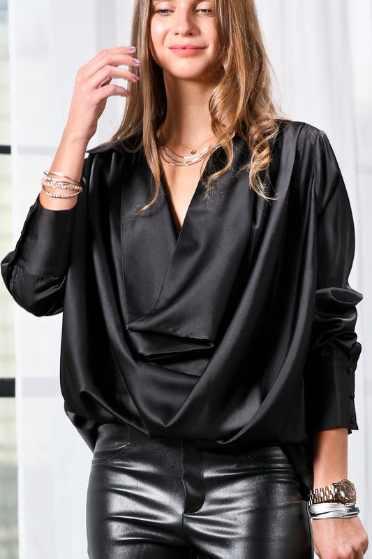 BRAZEN Collared Cowl~Neck Satin Top