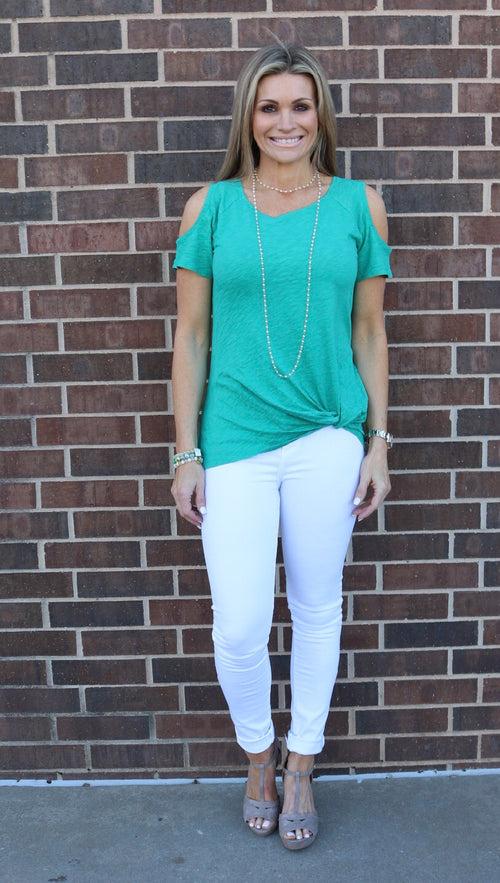 *BOBI ColdShoulder WORTH IT TwistBottom Slub Jersey Tee Top