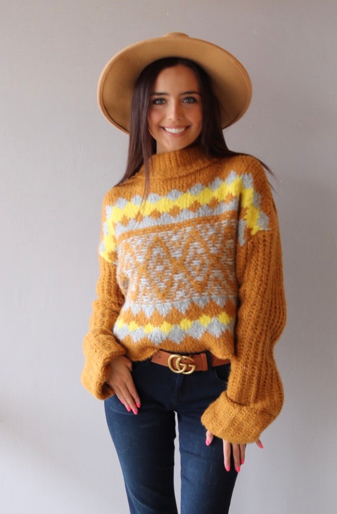 FREEPEOPLE Fair Isle ALPINE Highneck Widesleeve Pullover Top