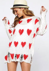 ADDICTED TO LOVE Heart Print Distressed Slub Sweater Top