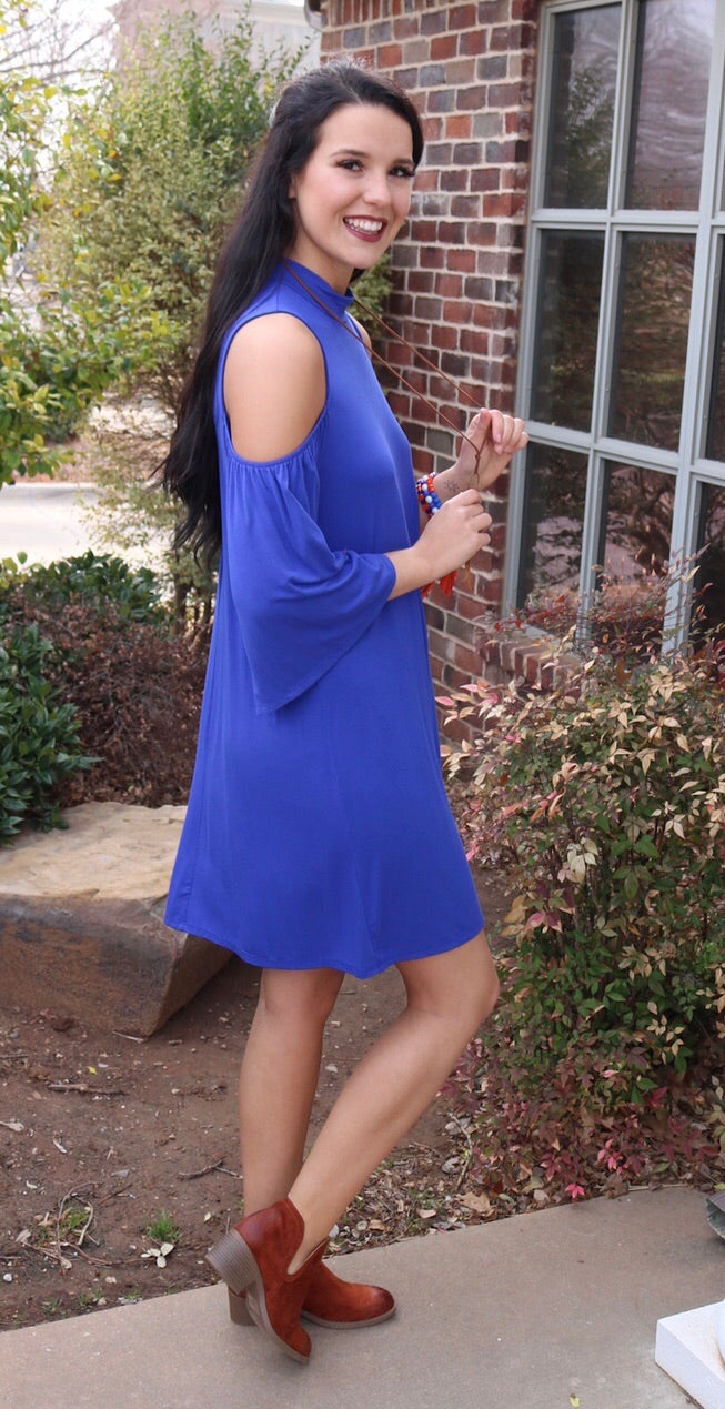 PEAKED MockNeck OpenShoulder Knit Shift Dress