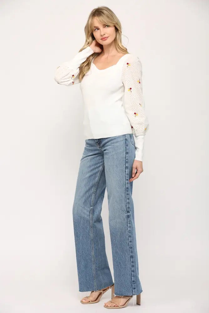 POPPY Embroidered Floral~Sleeve Square~Neck Top