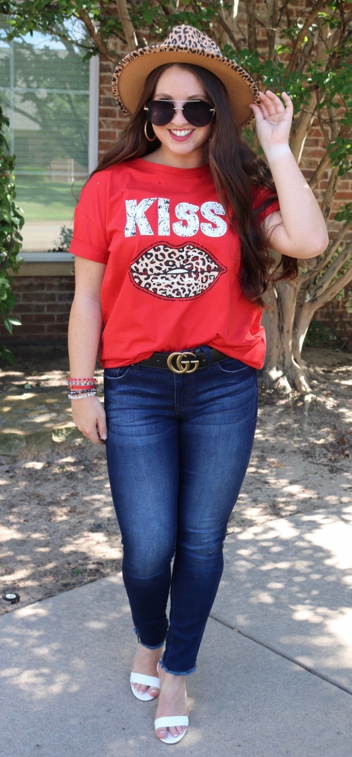 Mazik KISS Leopard Lips Distressed Tee Top