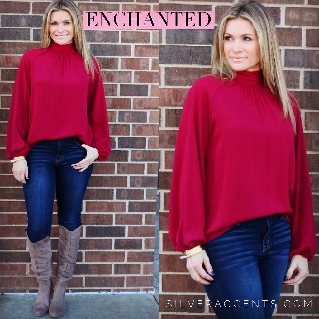 ENCHANTED HiNeck Tie KeyHole Back LongSleeve Top