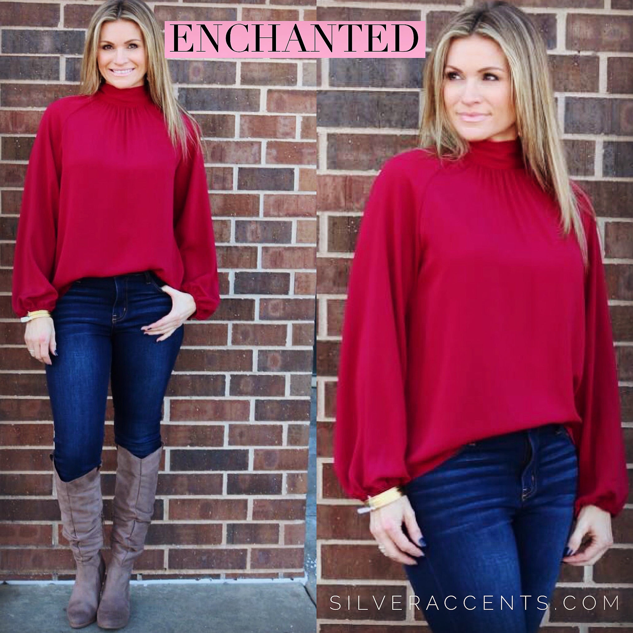 ENCHANTED HiNeck Tie KeyHole Back LongSleeve Top