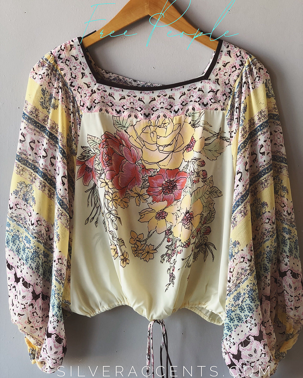 FREE PEOPLE Ivory Multi BLUE NILE Floral Print Drawstring Bottom Silk Top